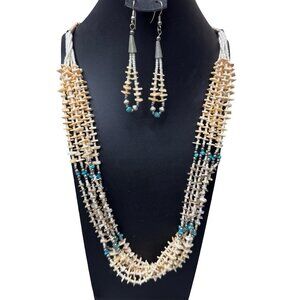 Santo Domingo Sterling Silver Heishi Shell Turquoise Bead Necklace Earrings Set